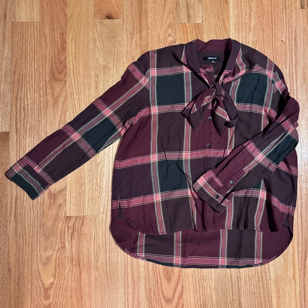 Madewell Plaid Long Sleeve Blouse with Tie Coller